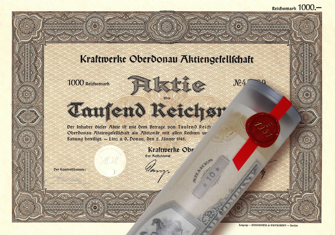 Aktie 1945 Kraftwerke Oberdonau in Geschenkrolle