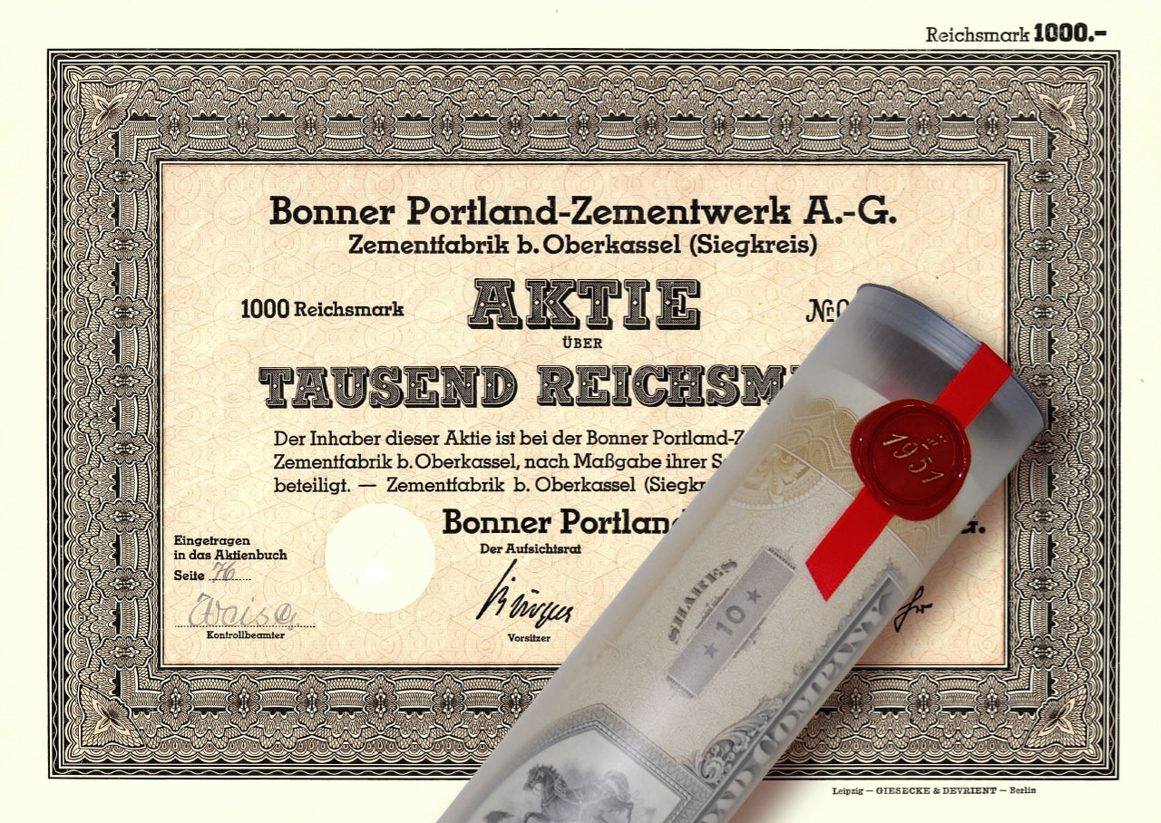 Aktie 1944 Bonner Portland-Zement in Geschenkrolle