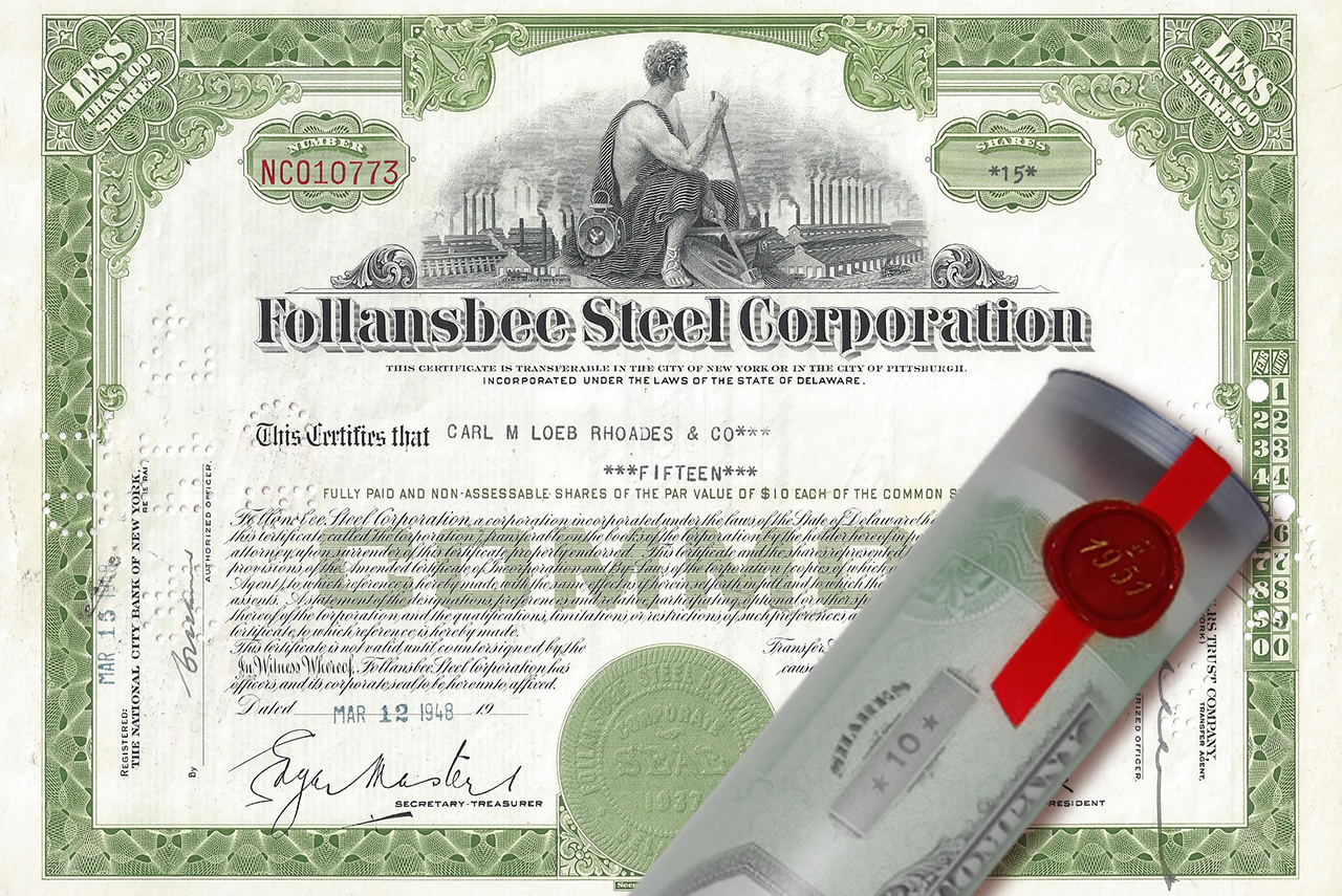 Aktie 1948 Follansbee Steel in edler Geschenkrolle