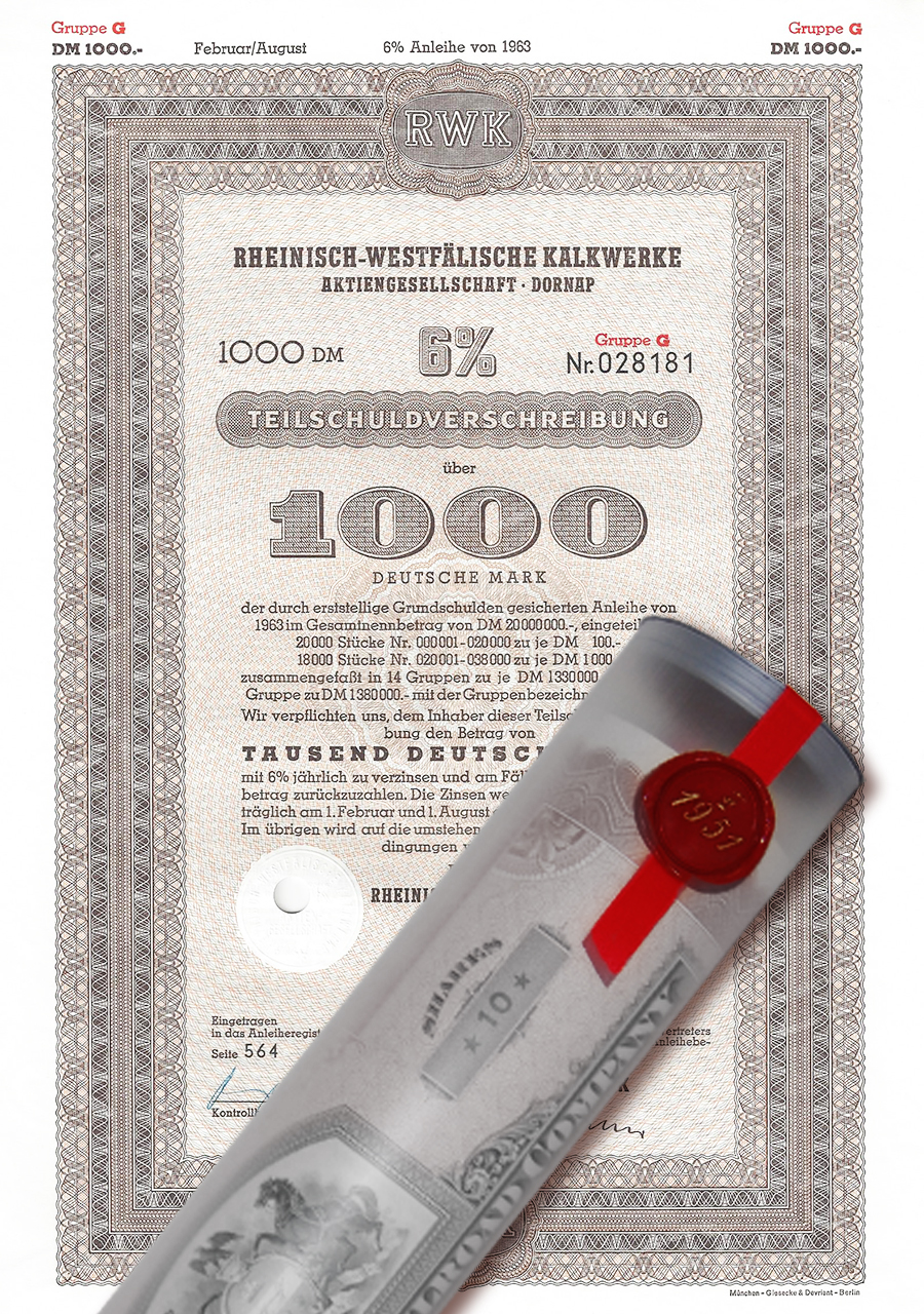 Aktie 1963 RW Kalkwerke Dornab in Geschenkrolle