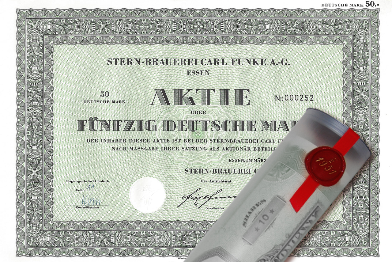 Aktie 1969 Stern Brauerei Funke in Geschenkrolle