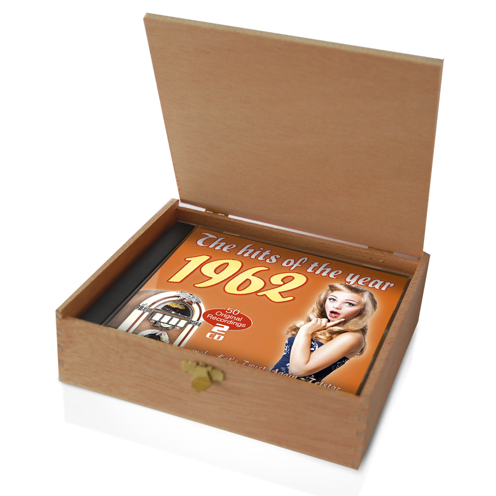 CD 1962 Musik Hits in Holzkiste mit edler Banderole